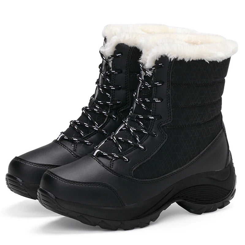 Women's black mid-calf lace-up snow boots with faux fur lining and platform sole