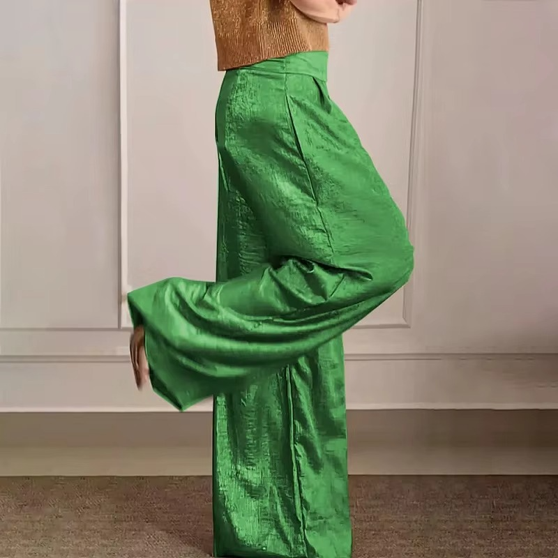 Women's metallic high waist wide leg pants with vintage glamour finish and relaxed silhouette