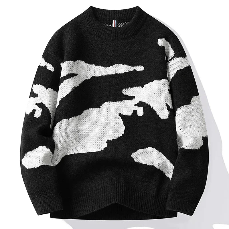 Nimbus long-sleeve knit sweater with unique cloud pattern, classic relaxed cut for everyday comfort