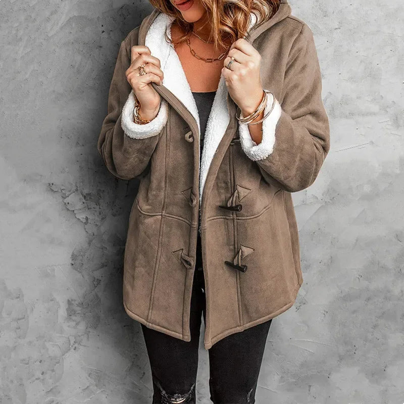 Clovain hooded fleece coat with toggle closures, cozy cold-weather style in neutral tone