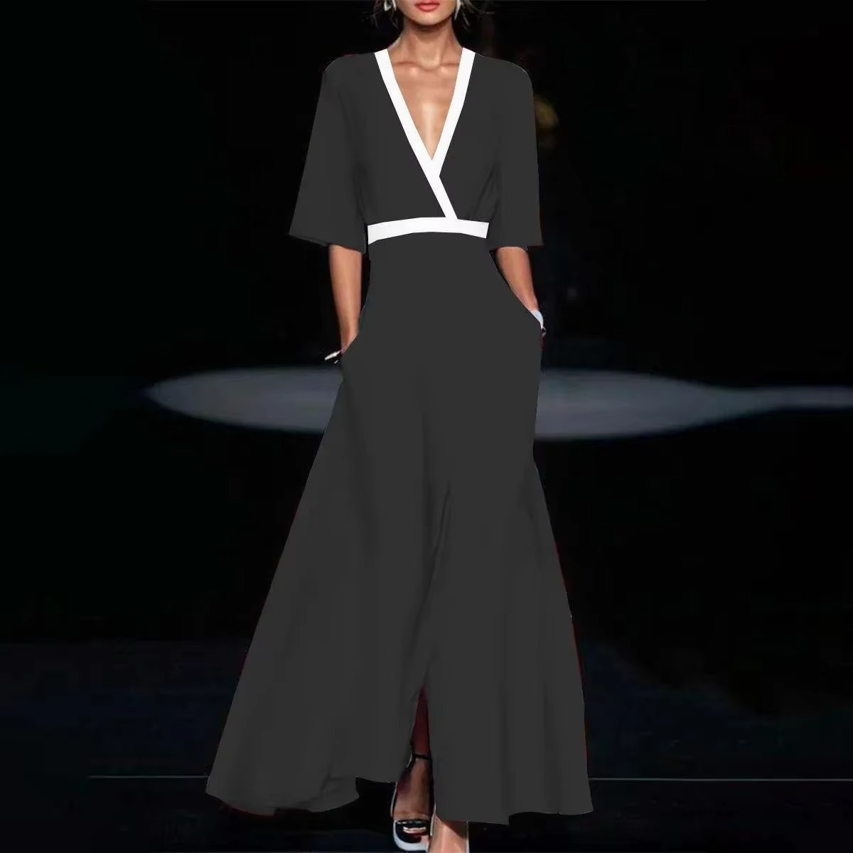 Women's ankle-length V-neck pleated printed dress with flowing silhouette and elegant drape