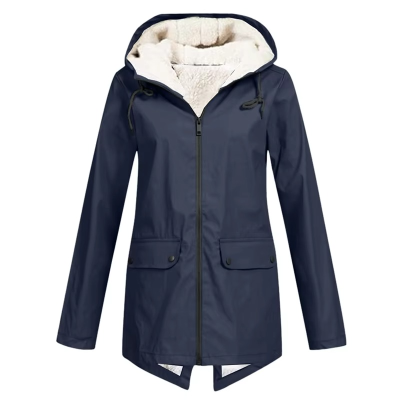 Women's waterproof hooded trench coat in neutral tone, velvet-lined windbreaker with belted waist