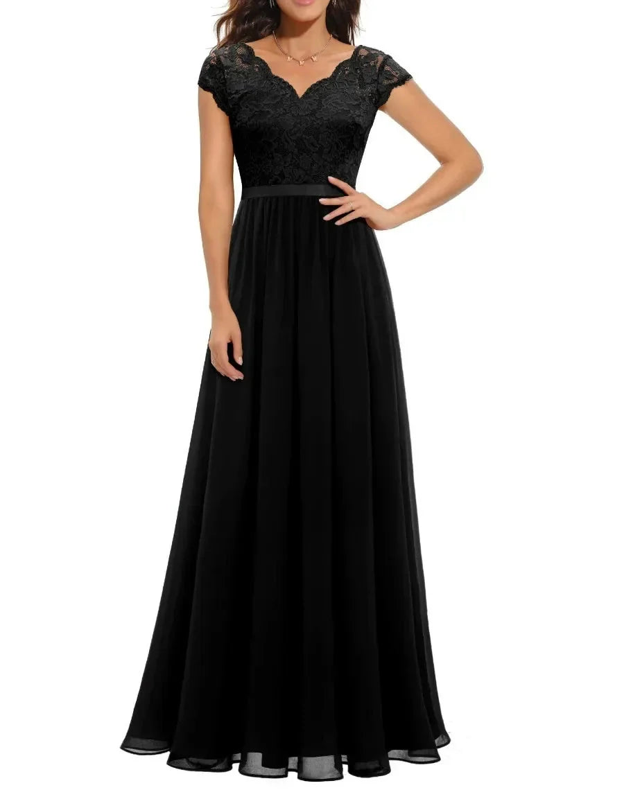 Women's elegant long lace dress with flattering lace bodice, flowing silhouette for formal occasions
