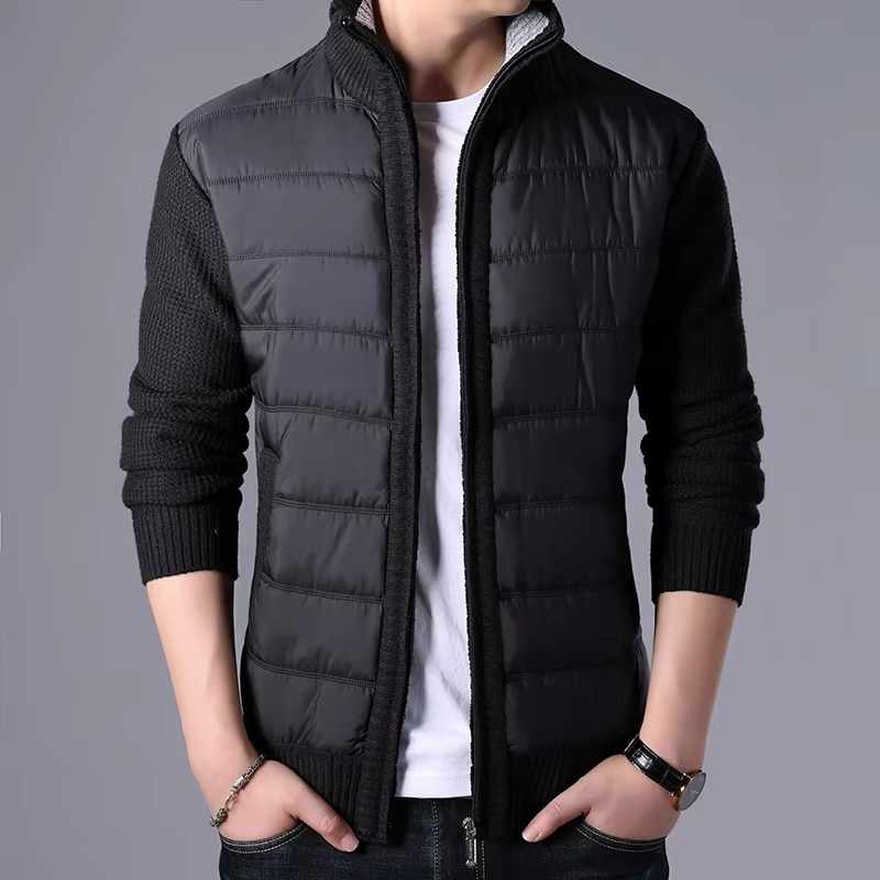 Men's brown patchwork thick knit cardigan jacket slim fit winter outerwear with contemporary silhouette