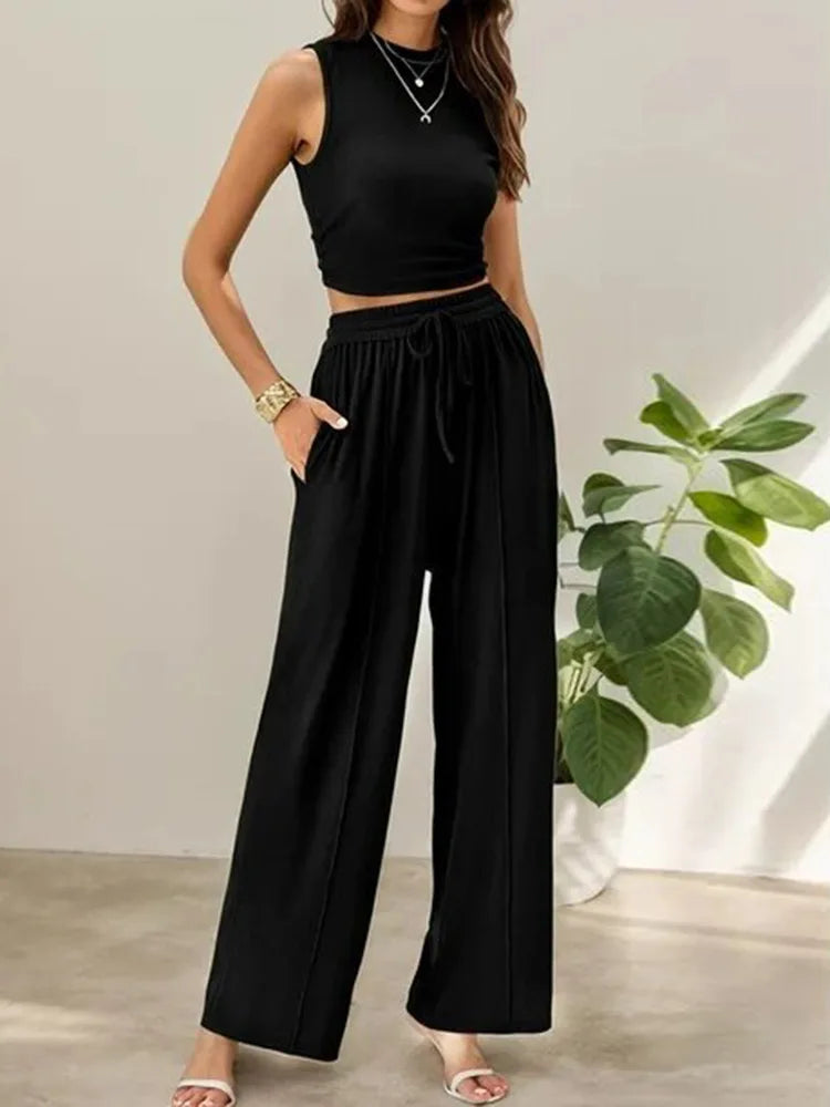 Lena cream sleeveless crop top & relaxed-fit trousers two-piece summer set
