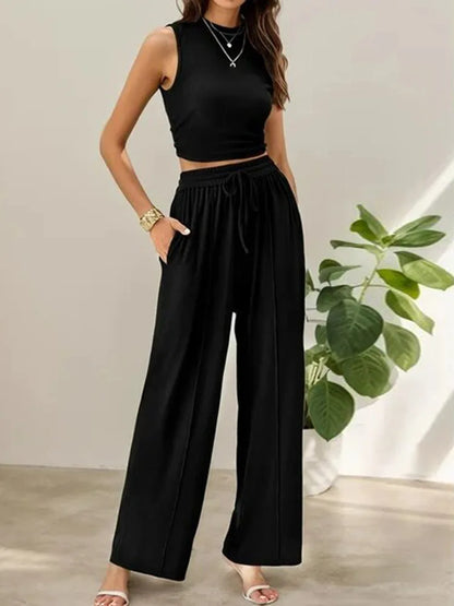 Lena cream sleeveless crop top & relaxed-fit trousers two-piece summer set