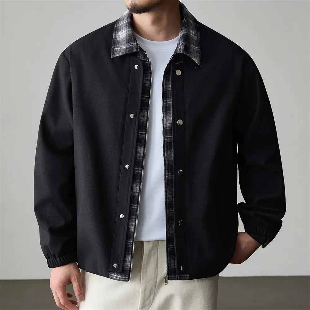 Boston cropped boxy workwear jacket with flannel contrast collar, clean minimal snap-front design
