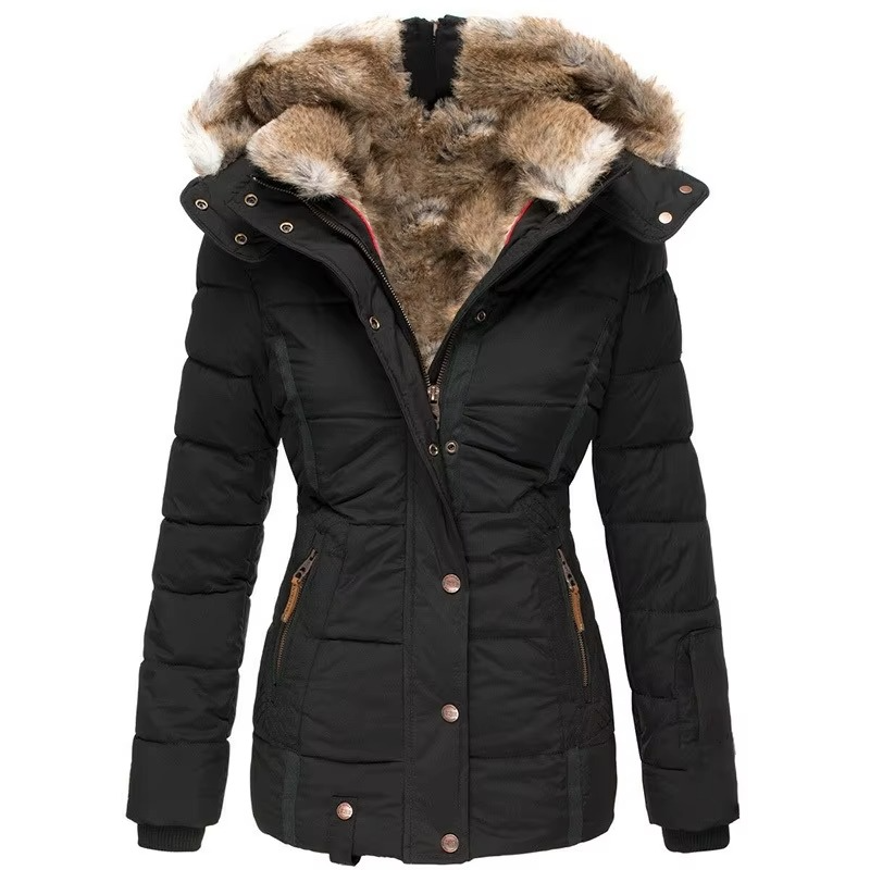 Women's slim-fit winter parka in neutral tone, wool-cotton padded with fur-trimmed hood for cold weather