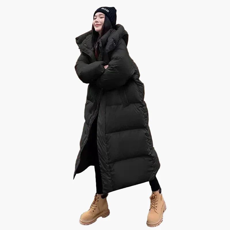 Women's long hooded puffer coat quilted insulation full-coverage silhouette ultra-warm winter style