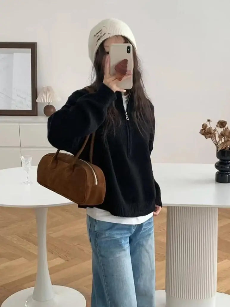 Aurora high neck knit sweater in cozy fabric with half-zipper closure for chic autumn layering