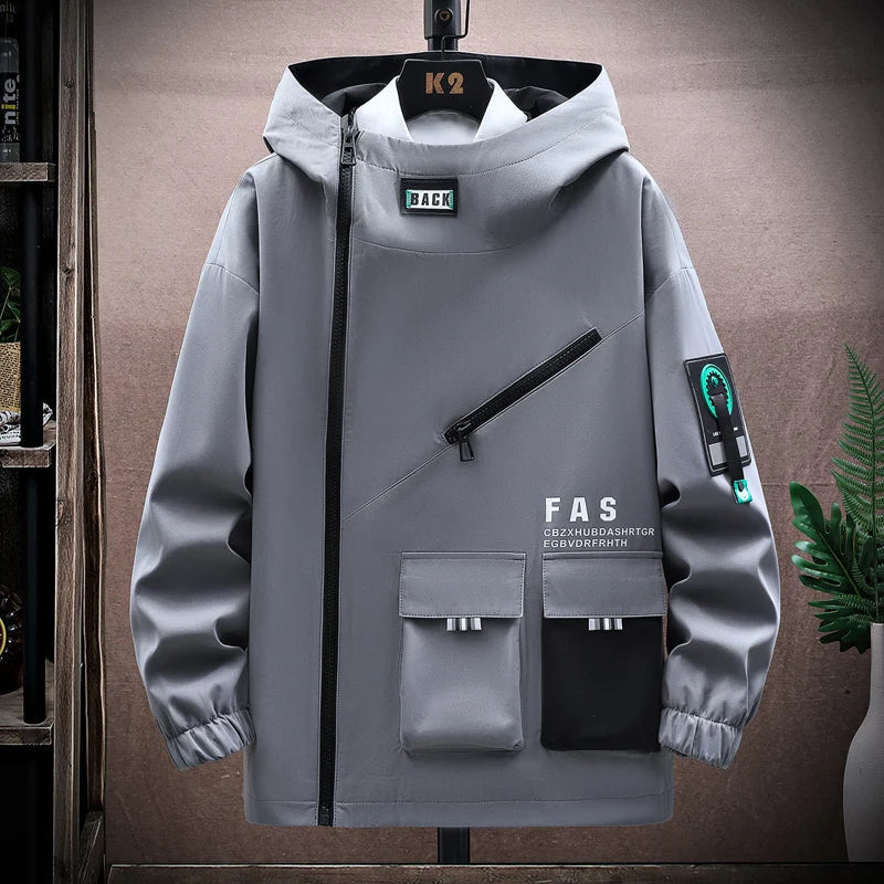 Men's water-resistant hooded jacket relaxed fit multiple pockets street style lightweight breathable
