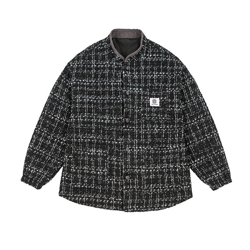 Black tweed boxy jacket with East Asian-inspired pankou knot closure and bold textured design