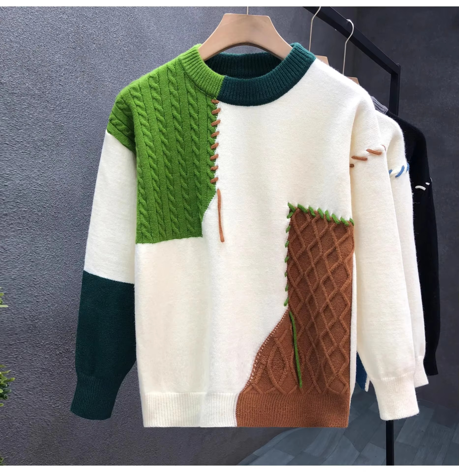 Men's patchwork knit pullover sweater bold color-block panels streetwear style for fall winter warmth