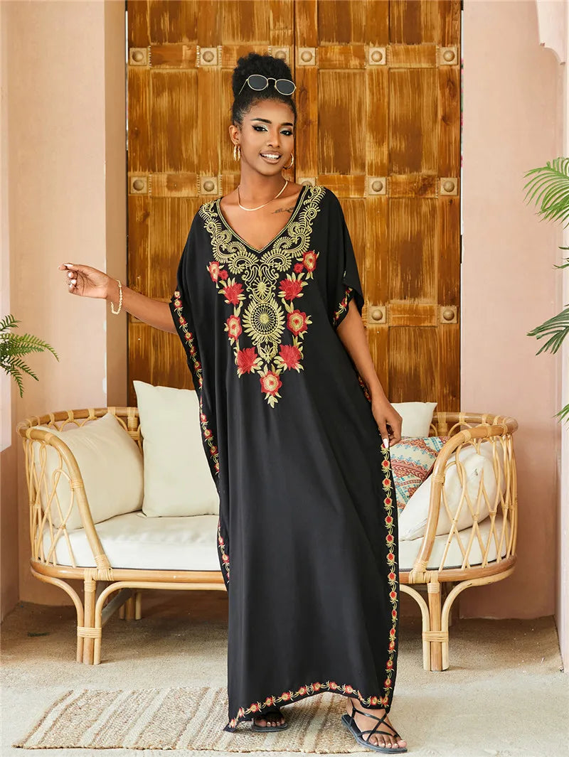 Breezy ankle-length kaftan dress in relaxed silhouette, lightweight artificial cotton for warm-weather comfort