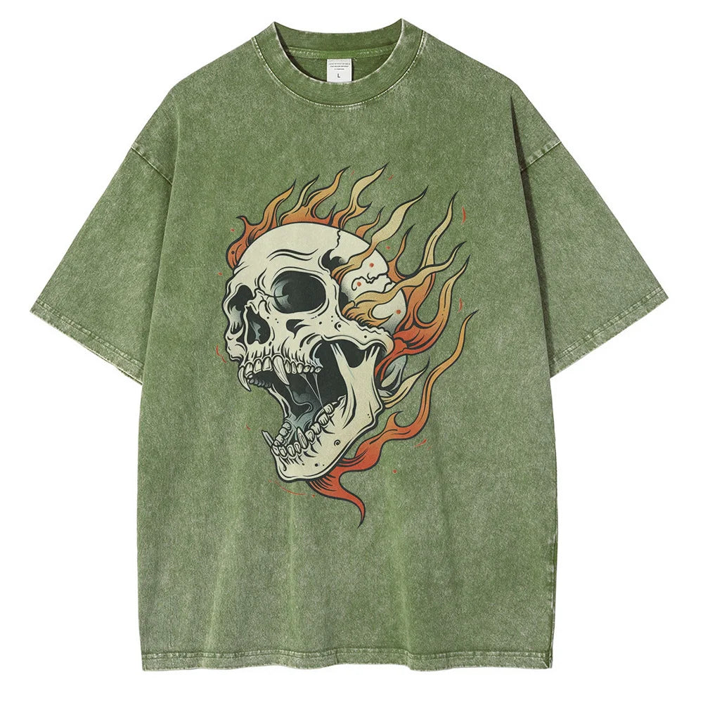 Oversized heavyweight acid wash skull flame graphic tee in bone white distressed vintage streetwear cotton