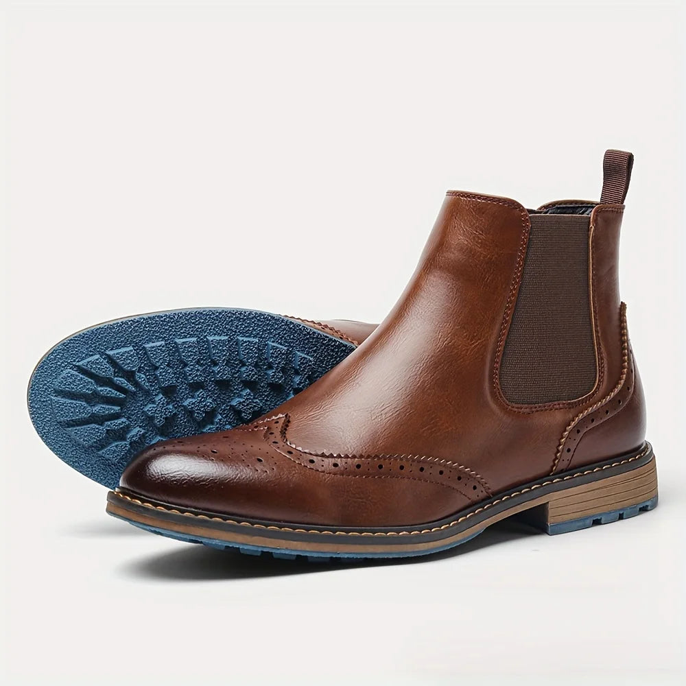 Men's black premium leather Chelsea boots with elastic side panels and rugged durable sole