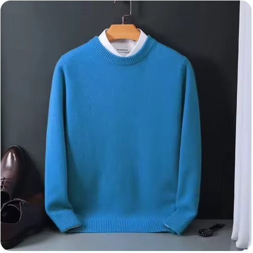 Navy cashmere wool-blend men's crewneck pullover sweater with slim refined knit and soft lightweight warmth