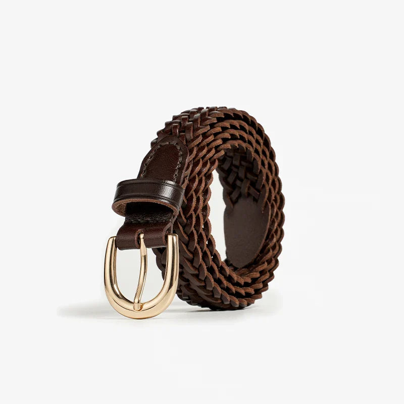 Black vegan leather braided belt with gold metal buckle hardware, slim 2.2cm width classic style