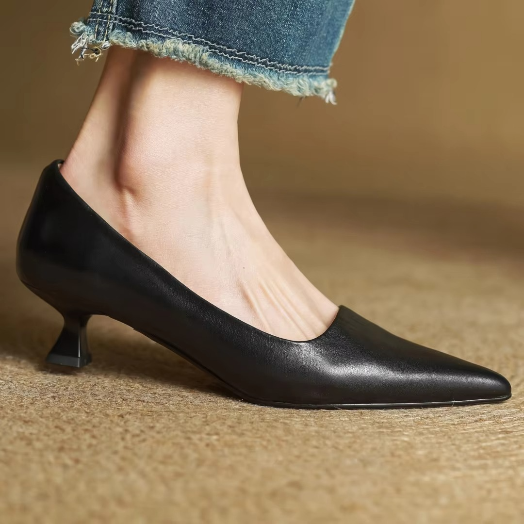 Women's genuine leather pointed toe slip-on pumps, elegant 1.8-inch thin heel dress shoes