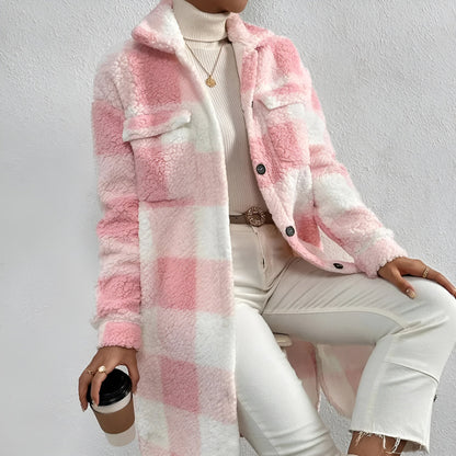 Estella women's plaid fleece open trench coat, cozy Fall layering piece in classic pattern