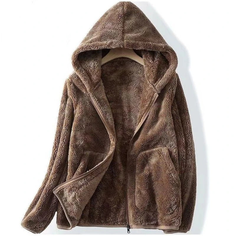 Warm gray fleece zip-up hoodie with kangaroo pockets, cozy oversized blanket-style cut
