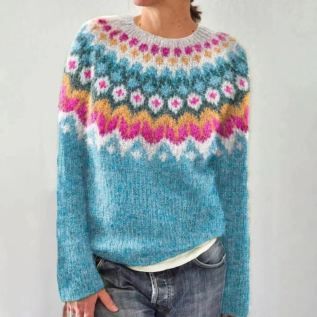 Color block loose fit women's knit top, round neck full sleeves, multicolor relaxed silhouette