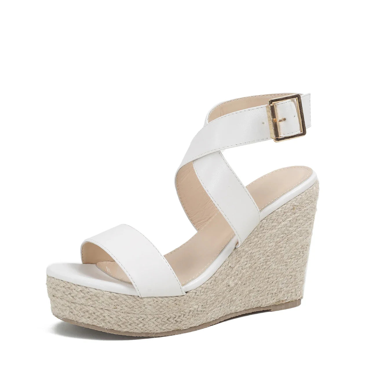 Black espadrille wedge sandals with crisscross straps and adjustable buckle, bohemian style