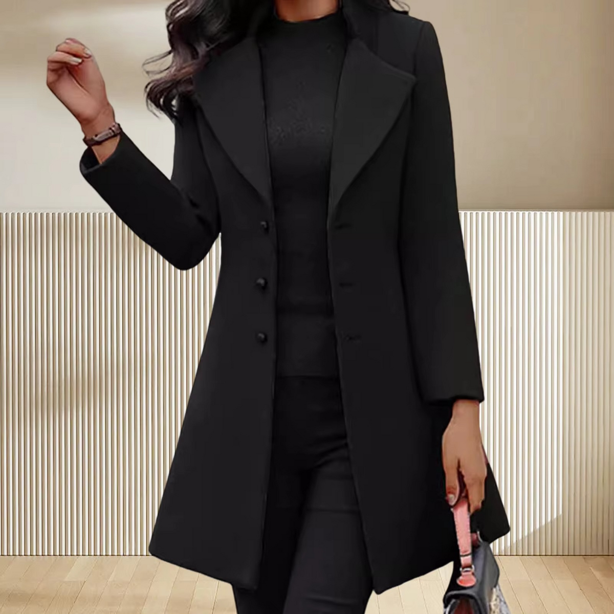 Women's mid-length slim-fit wool coat single-breasted winter jacket for work, sleek sophisticated style