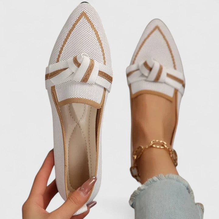 Women's pointed toe slip-on flat loafers in two-tone with elegant knot detail, Nova style