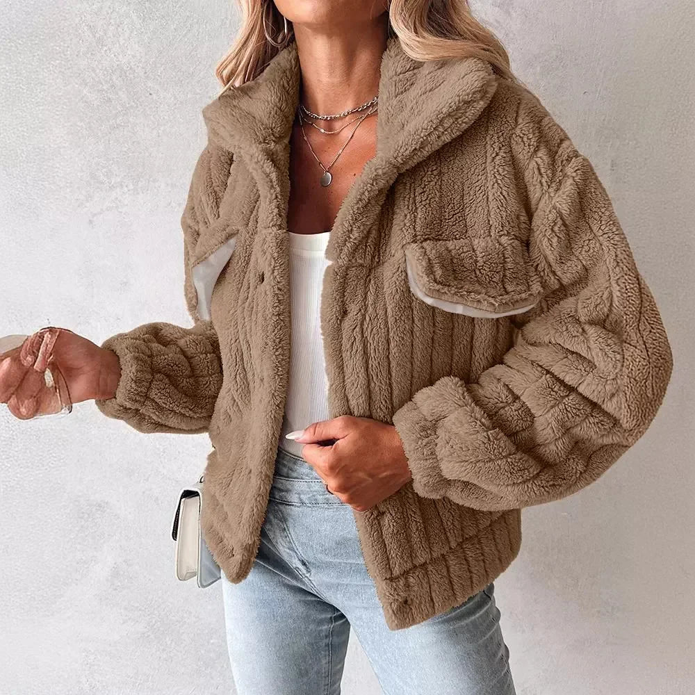 Cropped ribbed faux fur trucker jacket loose fit wide turn-down collar oversized pockets chic casual