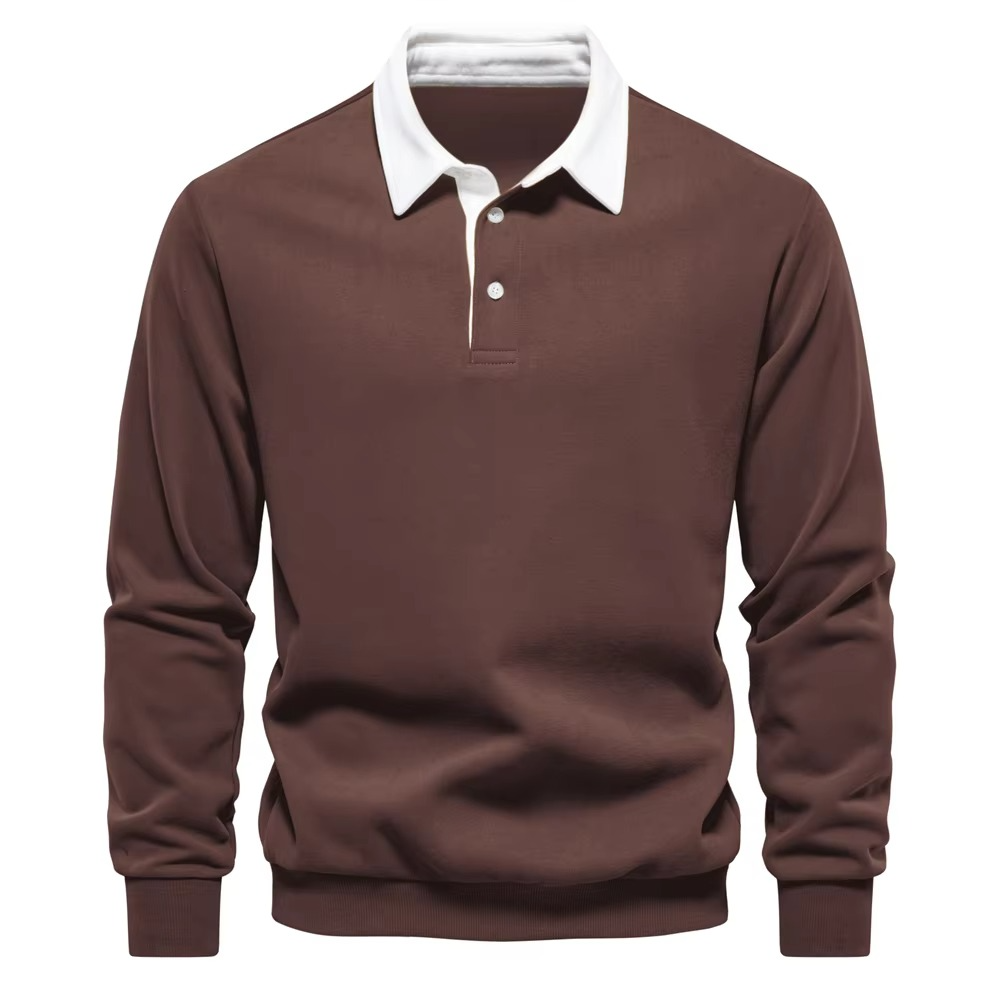 Men's autumn cotton sweatshirt polo neck in neutral tone, versatile casual fit for work and weekend