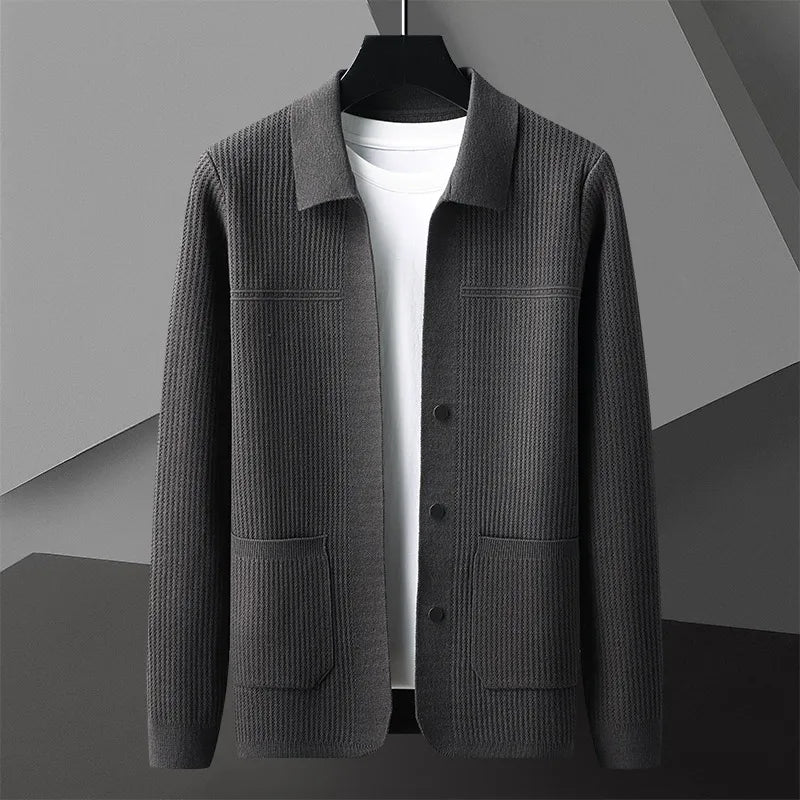 Men's vintage-inspired lightweight knit cardigan with sharp structured lapel and deep front pockets