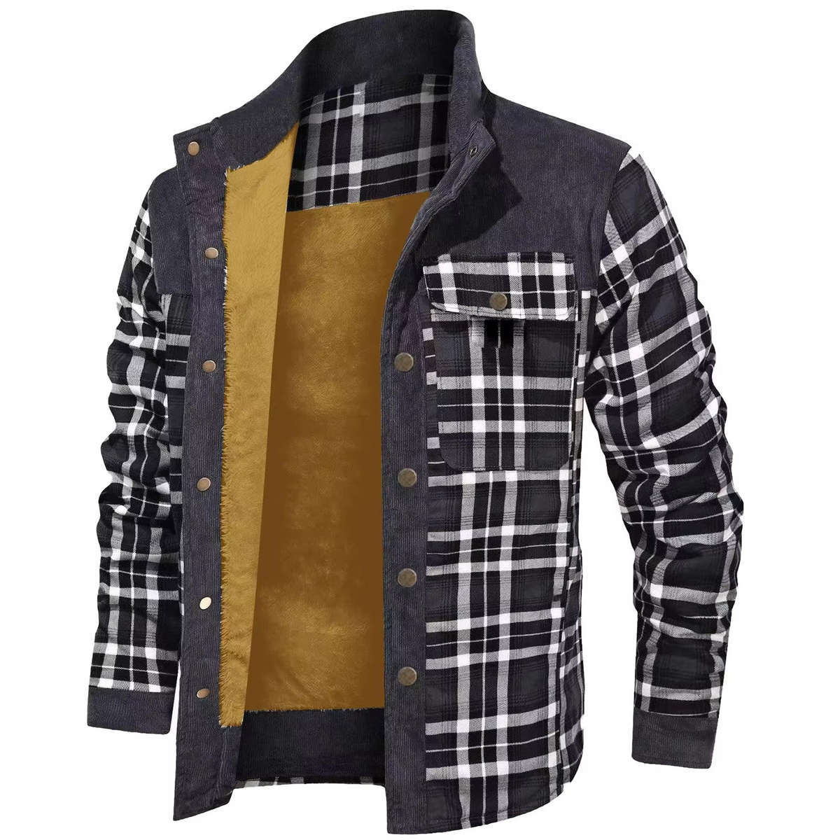 Men's brown flannel hooded shirt jacket with wool lining and front button closure