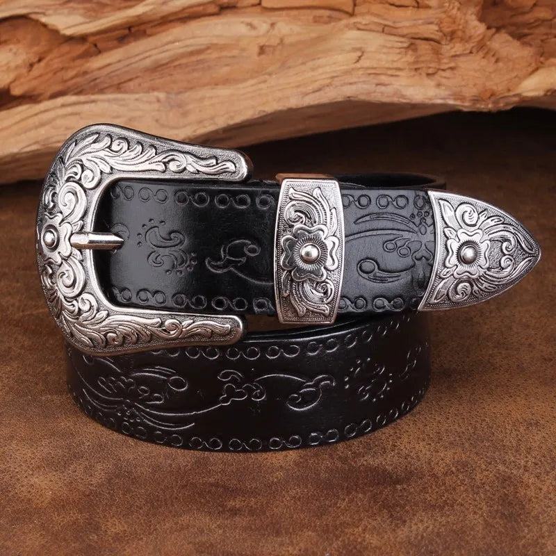 Brown vegan leather western belt with embossed designs and bold steel buckle