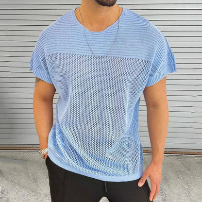 Men's breathable mesh-knit O-neck tee, relaxed streetwear fit, lightweight cotton-blend summer shirt