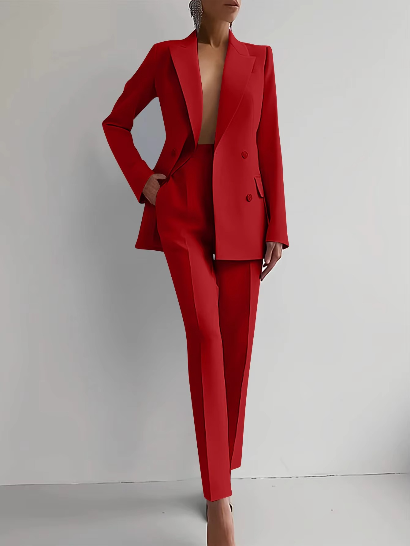 Women's solid color blazer and high-waist pants 2-piece set, polished workwear coordinated suit