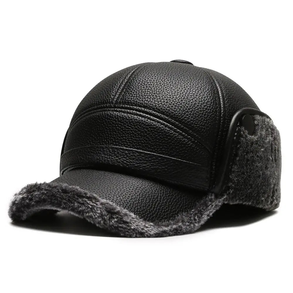 Men's black faux leather structured trapper baseball cap with ear flaps and fleece lining