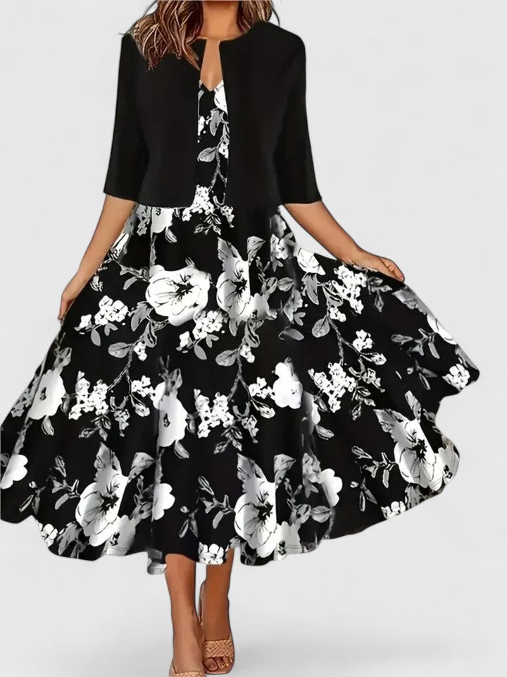 Women's royal blue floral midi dress, 3/4 sleeve A-line silhouette with white floral skirt