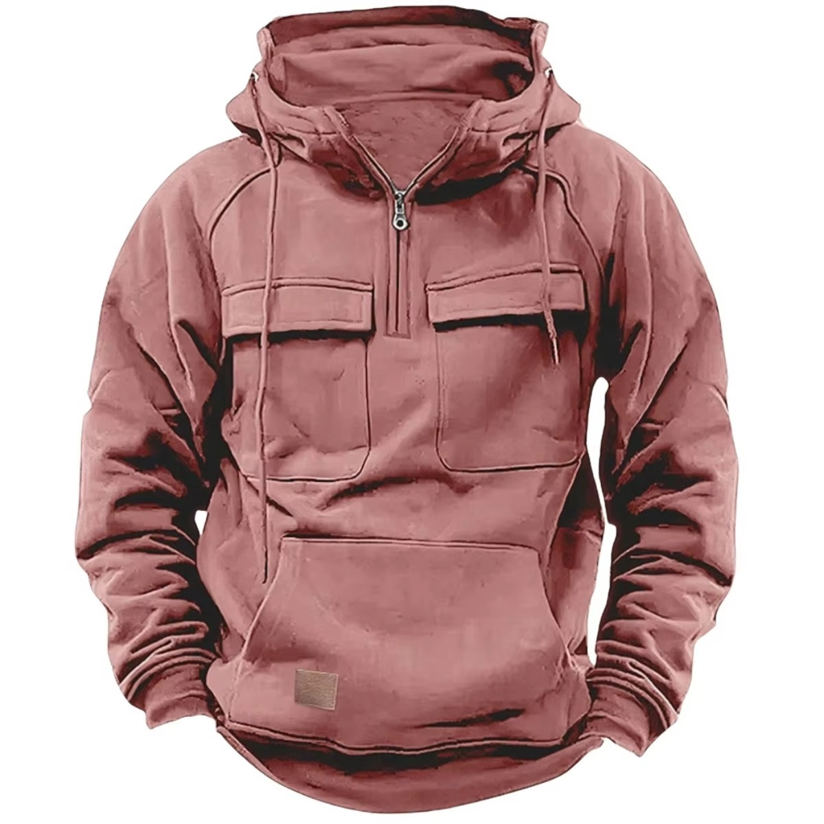 Men's thick fleece hoodie sweatshirt in neutral tone, relaxed fit with multiple utility pockets