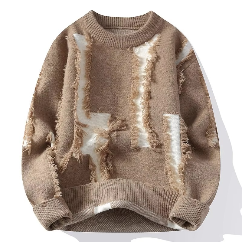 Men's distressed ripped knit patchwork sweater loose fit crew neck pullover in neutral tones