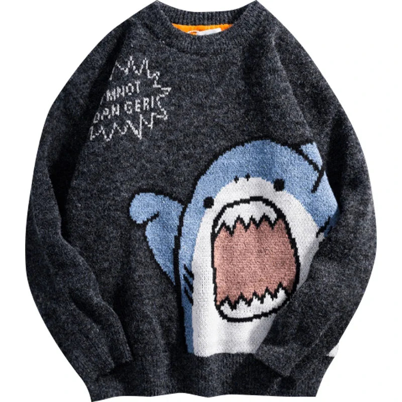 Oversized gray shark graphic knit jumper with high turtleneck and bold Harajuku design