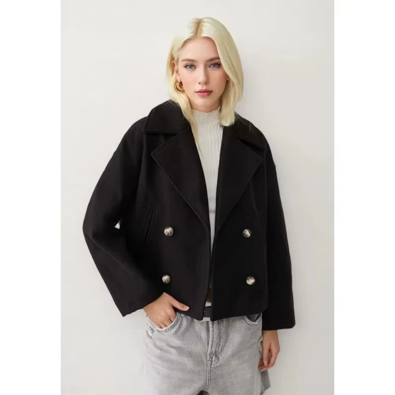 Women's camel wool blend coat double button front turn-down collar timeless autumn warmth