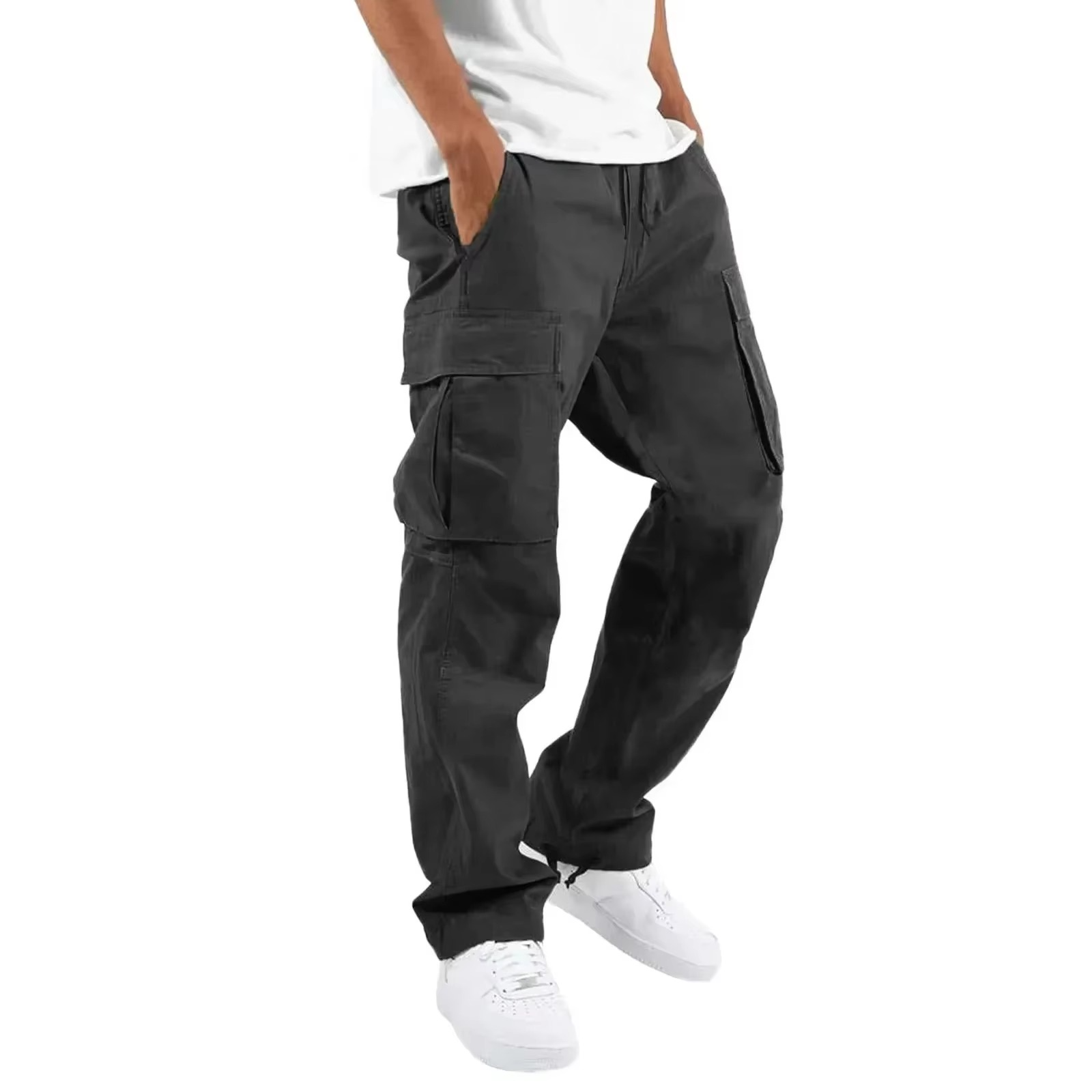 Men's solid cargo pants relaxed fit with multi-pocket design and adjustable drawstring waist
