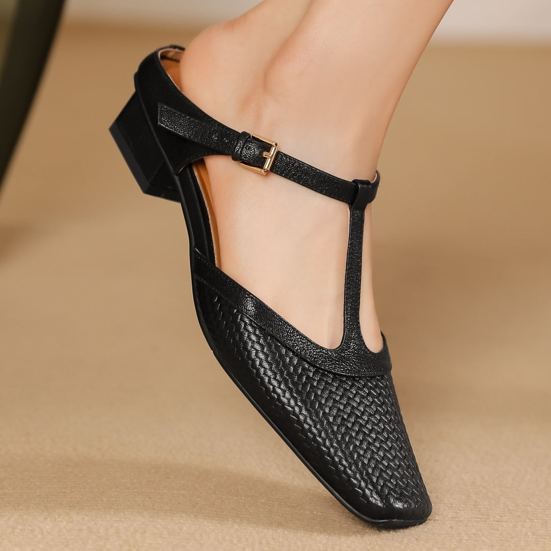 Isabella women's leather mules with woven texture low-block heel in neutral tone, elegant everyday style
