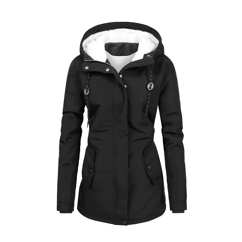 Women's mid-length hooded parka with plush fleece lining, retro style, warm winter outerwear