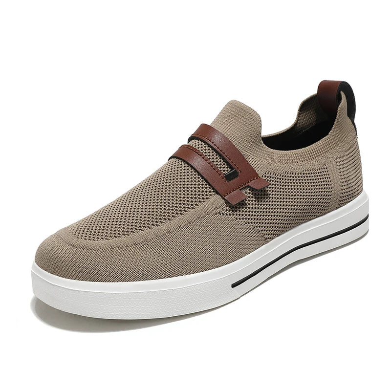 Men's slip-on knit mesh casual shoes in neutral tones with breathable EVA foam cushioned sole