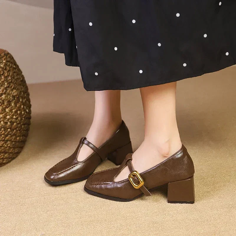 Women's square toe Mary Jane block heel shoes with gold buckle strap, vintage French-inspired style