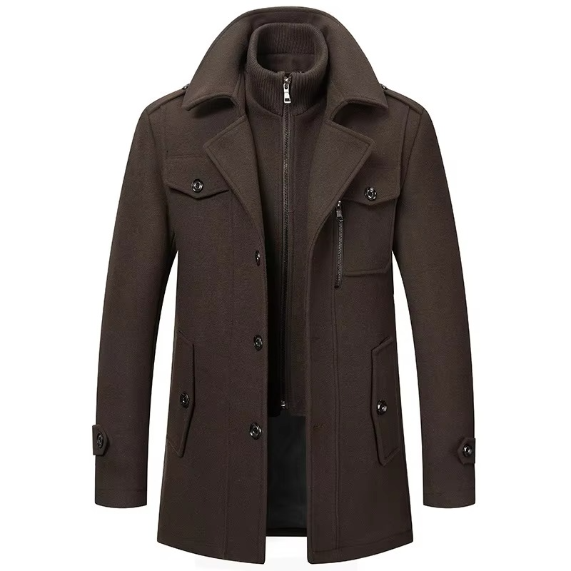 Men's mid-length premium wool trench coat in classic hues with double collar zipper overcoat