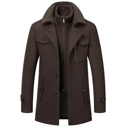Men's mid-length premium wool trench coat in classic hues with double collar zipper overcoat