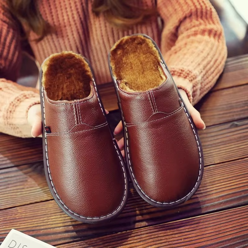 Unisex waterproof leather plush winter slippers cozy warm indoor house shoes with plush lining